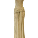 Urban Muse Helios Maxi Dress in gold, flowing sleeveless maxi dress with elegant drape, perfect for summer occasions.