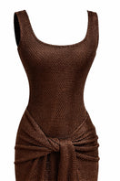 Urban Muse Helios Maxi Dress in brown, flowing fabric, sleeveless design, and ankle-length silhouette for elegant summer style.