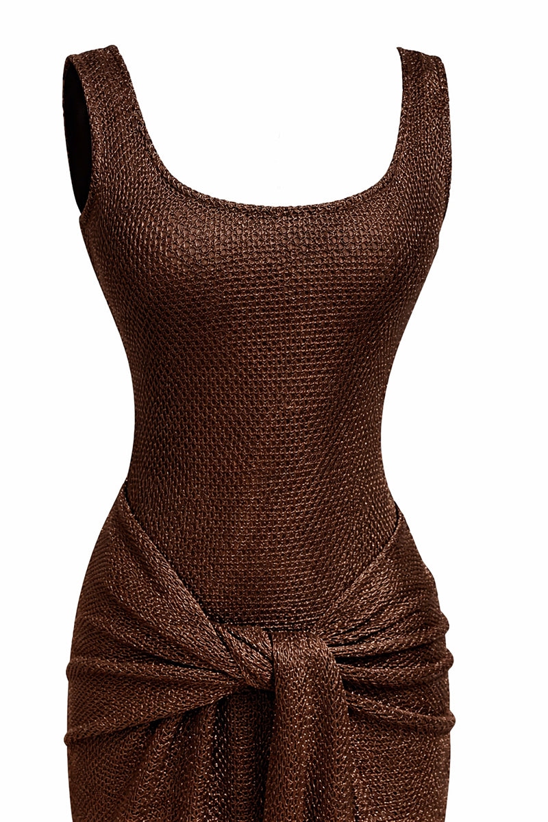 Urban Muse Helios Maxi Dress in brown, flowing fabric, sleeveless design, and ankle-length silhouette for elegant summer style.