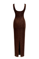 Urban Muse Helios Maxi Dress in Brown, flowing fabric, sleeveless design, and ankle-length silhouette, perfect for elegant summer wear.