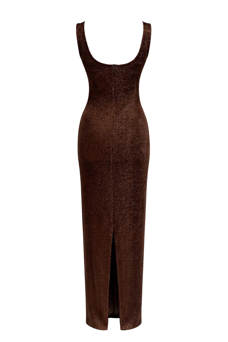 Urban Muse Helios Maxi Dress in Brown, flowing fabric, sleeveless design, and ankle-length silhouette, perfect for elegant summer wear.