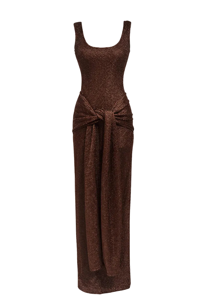Urban Muse Helios Maxi Dress in brown, flowing sleeveless maxi dress with a relaxed fit and elegant design.