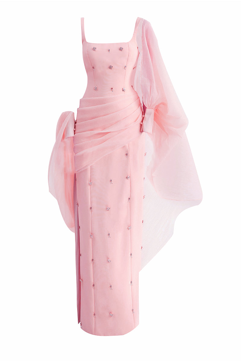 CULT MIA X HAPPY CLOTHING SIENNA COLD SHOULDER TAFFETA MAXI DRESS IN PINK - CULT MIA