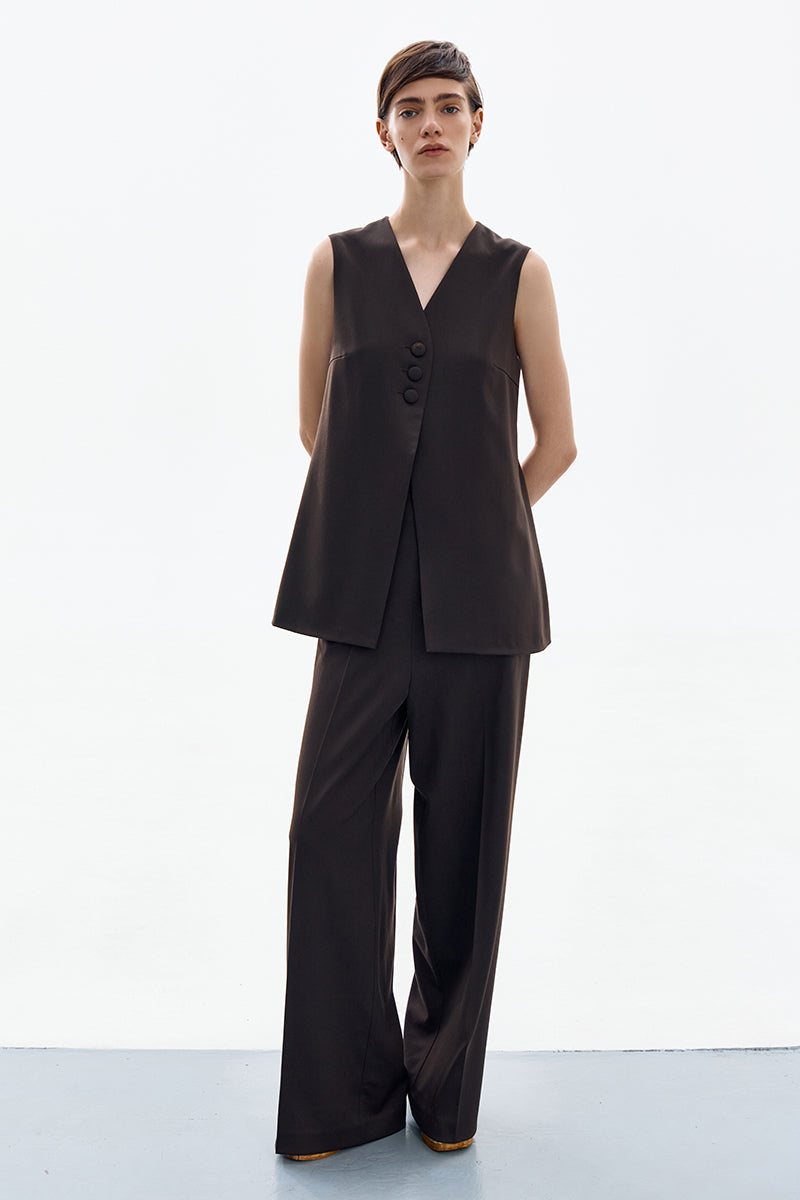 DELEGAN Petal Brown Vest displayed on a mannequin, featuring a stylish, sleeveless design with a soft, textured fabric.