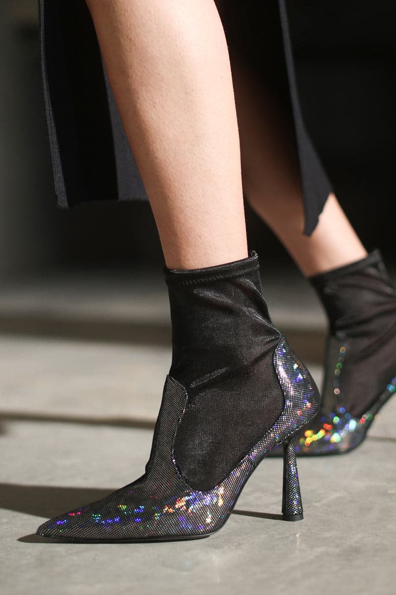 House of Atana Anna black disco suede heeled boots, stylish ankle boots with a shiny disco finish and chunky heel.
