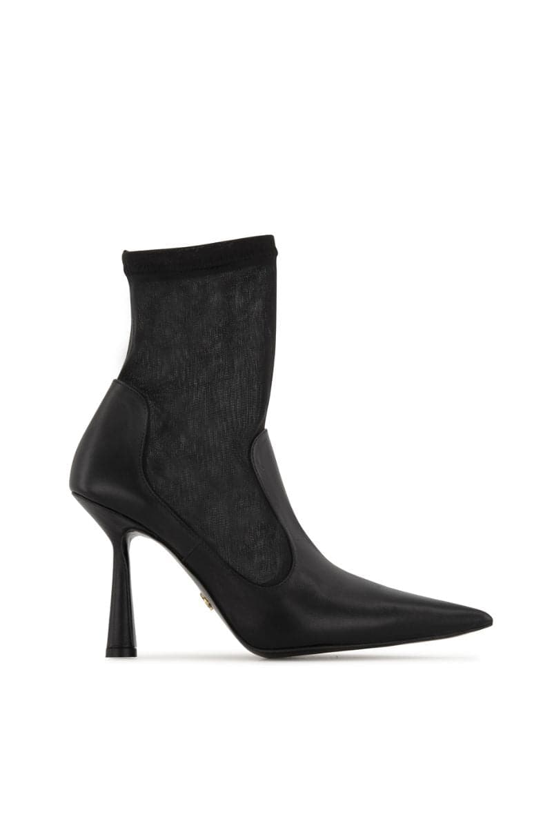 Black ANNA heeled boots by House of Atana, stylish ankle-length boots with pointed toes and block heels, size EU 35.