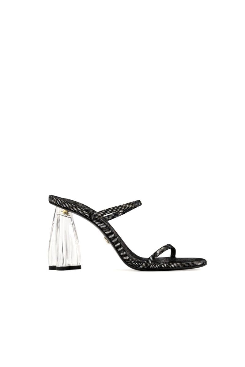 Black Fiorellini Disco Glass Mules by House of Atana, stylish black suede sandals with disco-inspired glass accents, EU size 35.