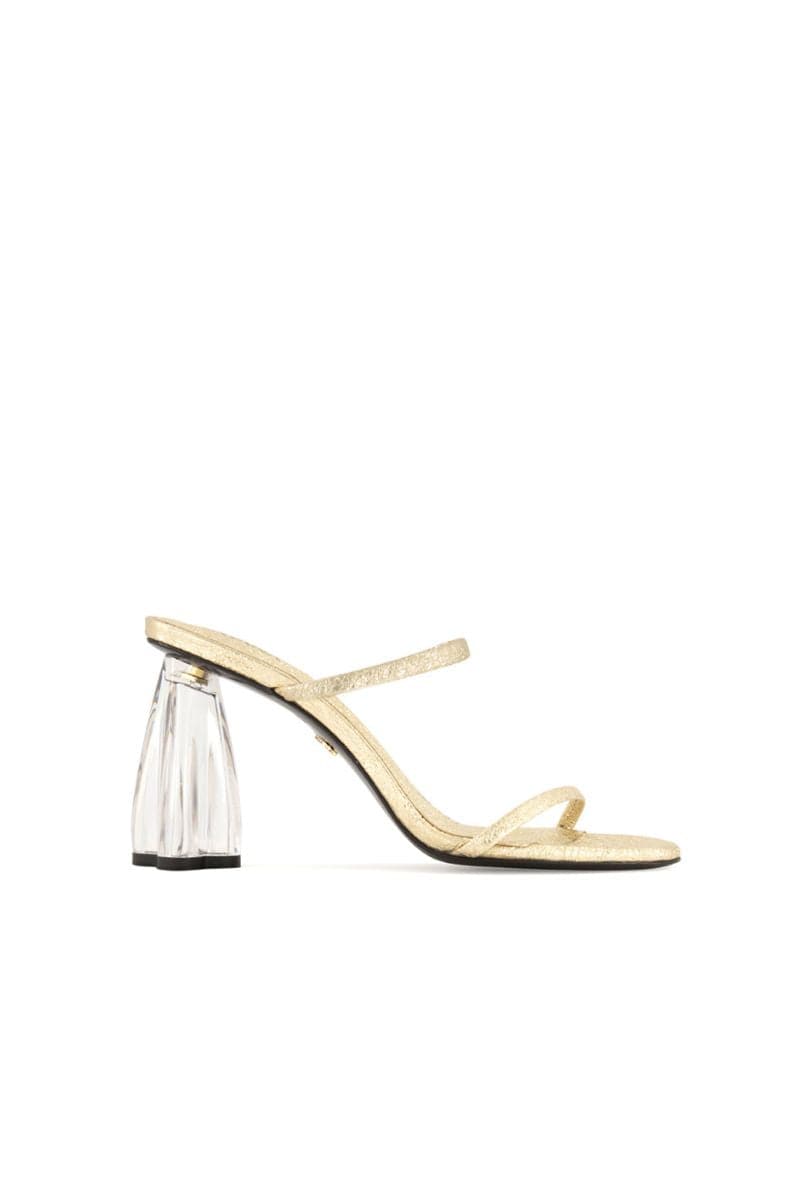 House of Atana Fiorellini gold glass mules sandals with crushed gold glass design, EU size 35, stylish and elegant footwear