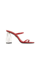 Red patent glass mules sandals by House of Atana, featuring sleek design and comfortable slip-on style.