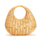 Emm Kuo Hudson Raffia Top Handle Bag in natural wicker with beige color, featuring a stylish woven design and sturdy top handle.