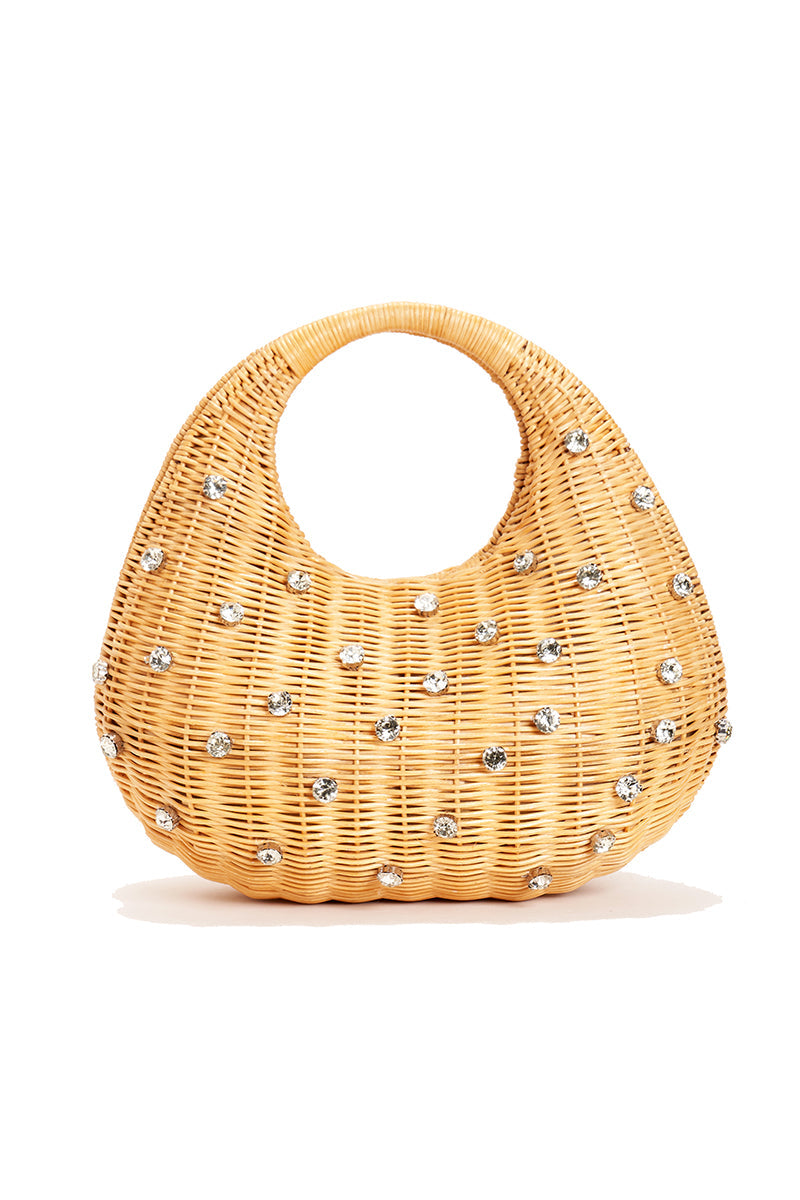Emm Kuo Hudson Raffia Top Handle Bag in natural wicker with beige color, featuring a stylish woven design and sturdy top handle.