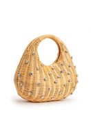 Emm Kuo Hudson raffia top handle bag in natural wicker, showing beige woven design and sturdy top handle.