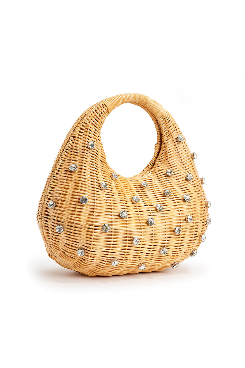 Emm Kuo Hudson raffia top handle bag in natural wicker, showing beige woven design and sturdy top handle.