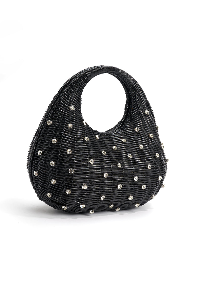 Emm Kuo Hudson raffia top handle bag in black wicker with a structured shape and elegant design.