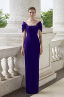 Dark purple I.H.F bustier gown with off-shoulder sleeves, fitted design, suitable for formal occasions.