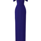 Dark purple I.H.F bustier gown with off-shoulder sleeves, fitted design, suitable for elegant occasions.