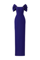 Dark purple I.H.F bustier gown with off-shoulder sleeves, fitted design, suitable for elegant occasions.