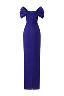 Dark purple I.H.F bustier gown with off-shoulder sleeves, fitted style, perfect for formal occasions.
