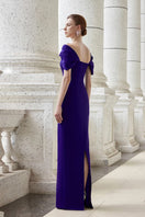 Dark purple I.H.F bustier gown with off-shoulder sleeves, fitted design, perfect for formal occasions, size XXS.