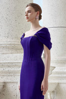 Dark purple I.H.F bustier gown with off-shoulder sleeves, fitted bodice, and elegant design for formal occasions.