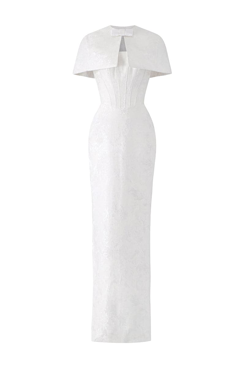 White I.H.F bustier gown with a matching mini cape, featuring a fitted bodice and elegant design, shown in size XXS.