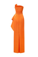 Orange dipped dress with waist draped detail from I.H.F, elegant gown featuring a flowing silhouette and sophisticated design.