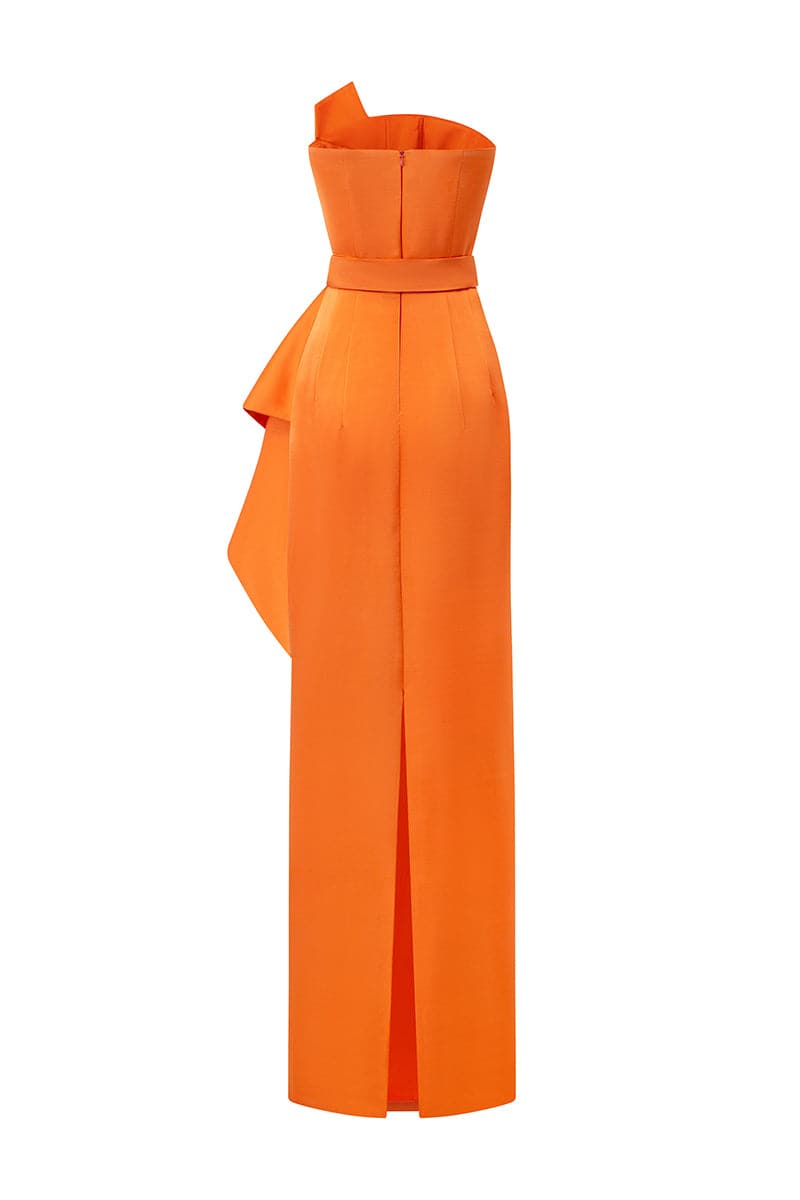 Orange dipped dress with waist draped detail from I.H.F, elegant gown featuring a flowing silhouette and sophisticated design.
