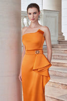 Orange dipped dress by I.H.F featuring waist draped detail, elegant gown designed for sophisticated style and figure accentuation.