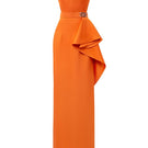 Orange dipped gown with waist draped detail by I.H.F, showcasing elegant fabric and flowing design in a close-up view.