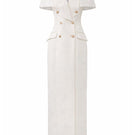 White long gown-coat with mini cape by I.H.F, featuring elegant design and flowing fabric, perfect for formal occasions.