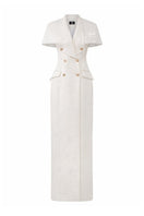 White long gown-coat with mini cape by I.H.F, featuring elegant design and flowing fabric, perfect for formal occasions.