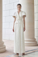 White long dress-coat with mini cape by I.H.F, elegant gown featuring a stylish cape detail, shown in size XXS.