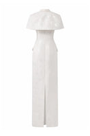 White long gown-coat with mini cape by I.H.F, featuring elegant design and flowing fabric, shown in size XXS.