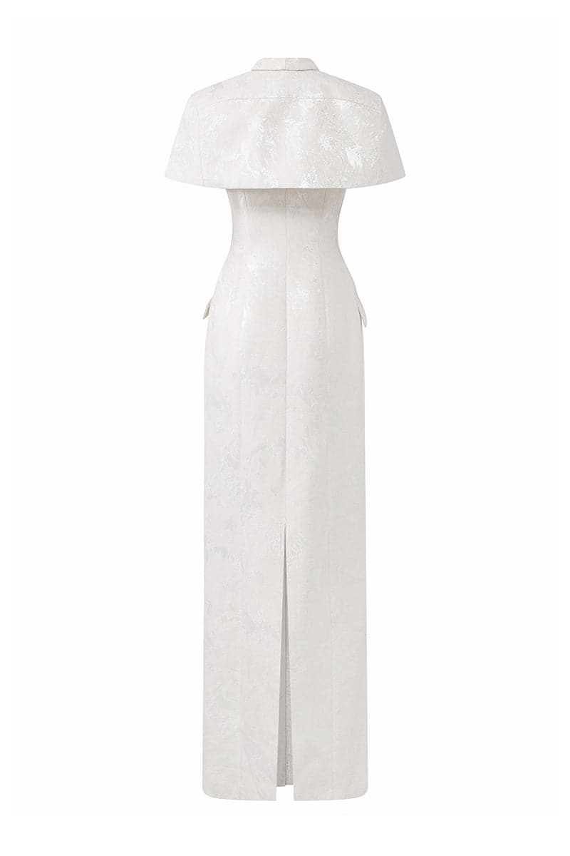 White long gown-coat with mini cape by I.H.F, featuring elegant design and flowing fabric, shown in size XXS.