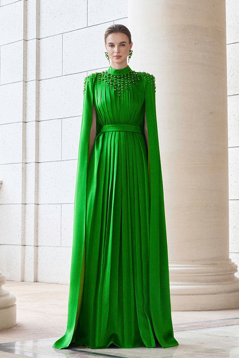 LONG PLEATED TRAPEZE DRESS WITH SHOULDER CAPE | IHF | CULT MIA