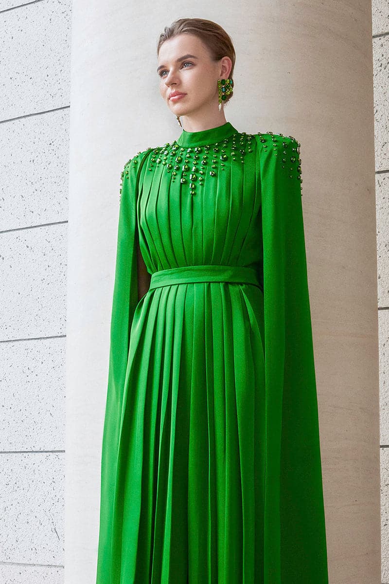 LONG PLEATED TRAPEZE DRESS WITH SHOULDER CAPE | CULT MIA | I.H.F LONG PLEATED TRAPEZE DRESS WITH SHOULDER CAPE | CULT MIA | I.H.F