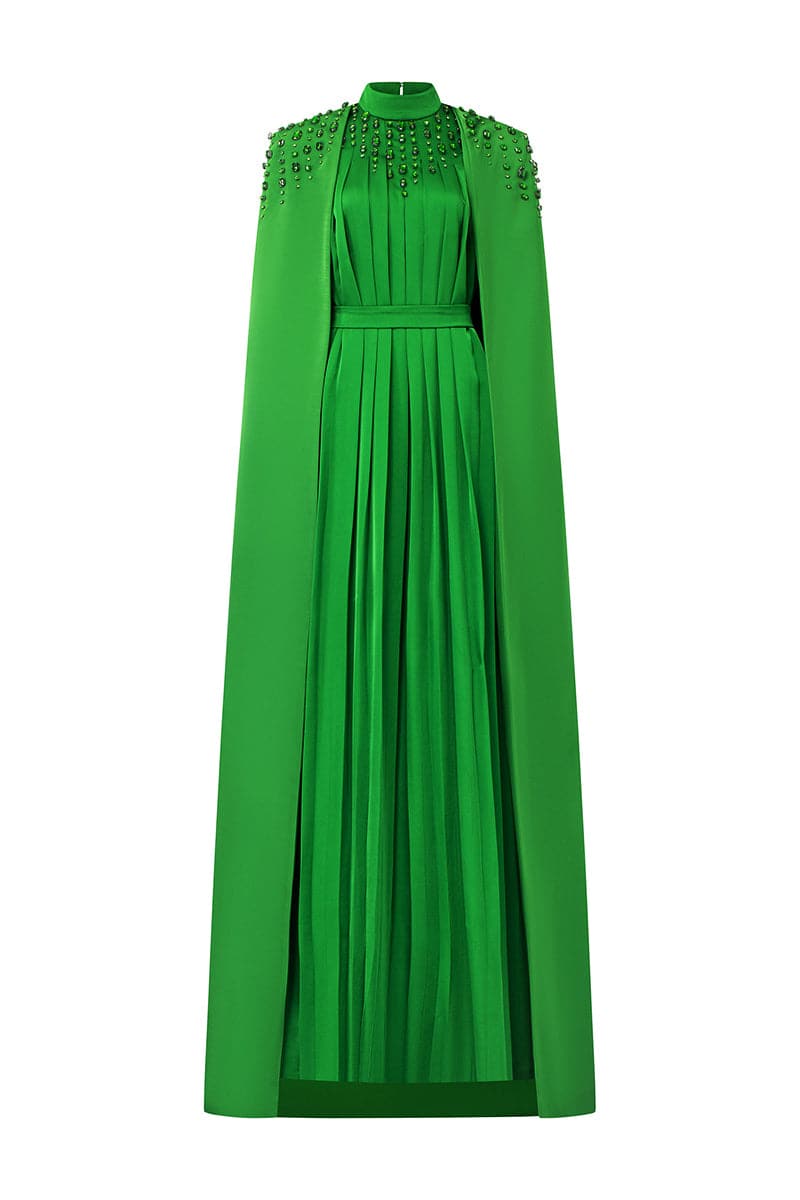 LONG PLEATED TRAPEZE DRESS WITH SHOULDER CAPE | IHF | CULT MIA