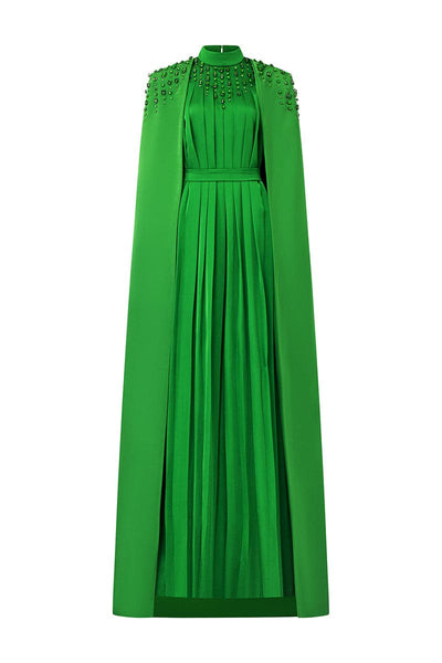 I.H.F LONG PLEATED TRAPEZE DRESS WITH SHOULDER CAPE