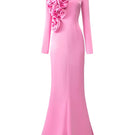 Light pink I.H.F gown with long sleeves and draped rose details, elegant evening dress shown from the front.