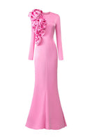 Light pink I.H.F gown with long sleeves and draped rose details, elegant evening dress shown from the front.