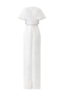 White I.H.F gown with round neckline and exaggerated shoulders, showcasing a stylish and elegant design.
