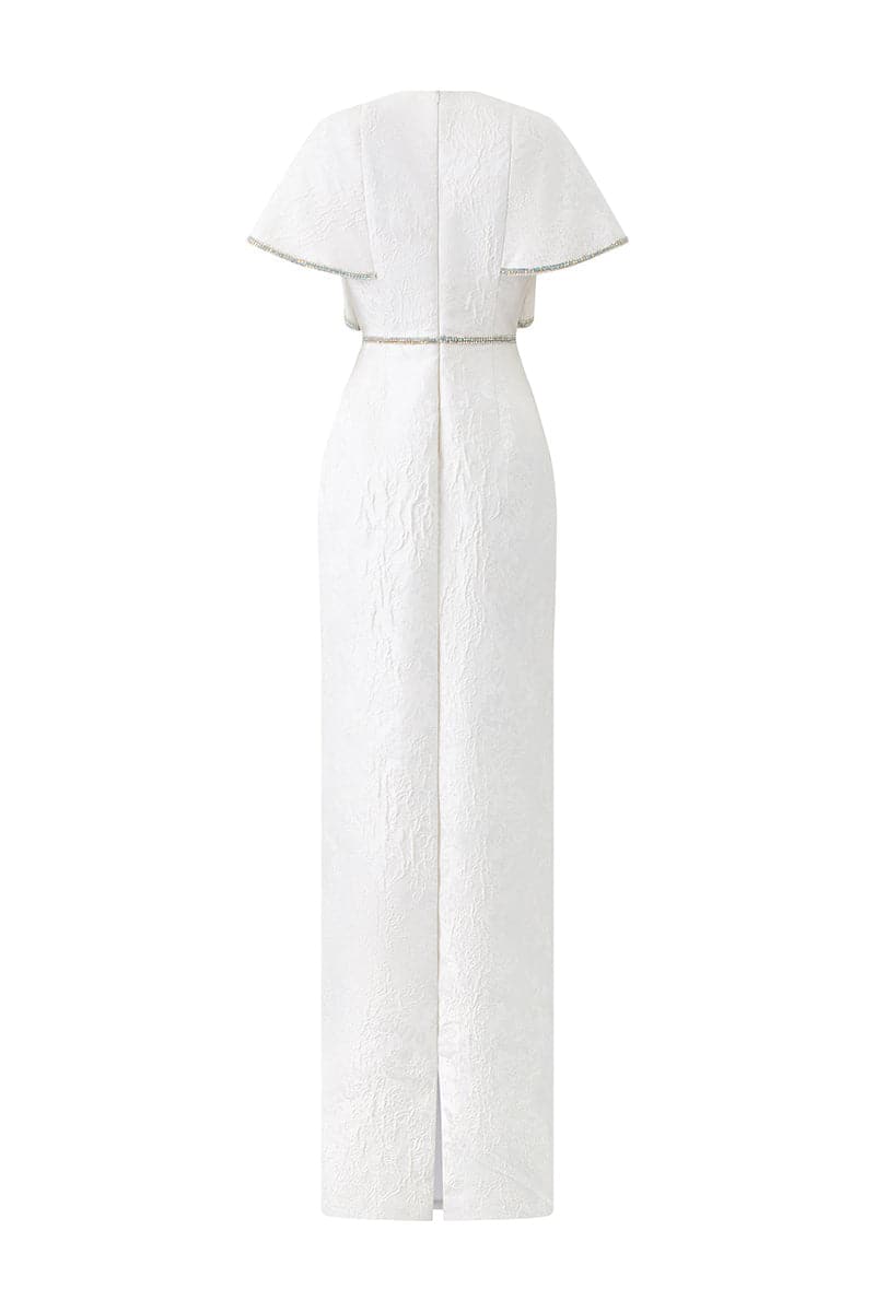 White I.H.F gown with round neckline and exaggerated shoulders, showcasing a stylish and elegant design.
