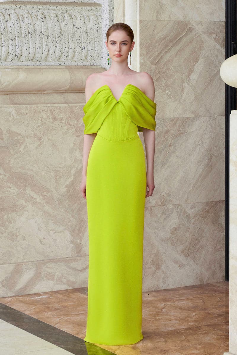 V-CUT BUSTIER DRESS WITH WRAPPED SHOULDER
