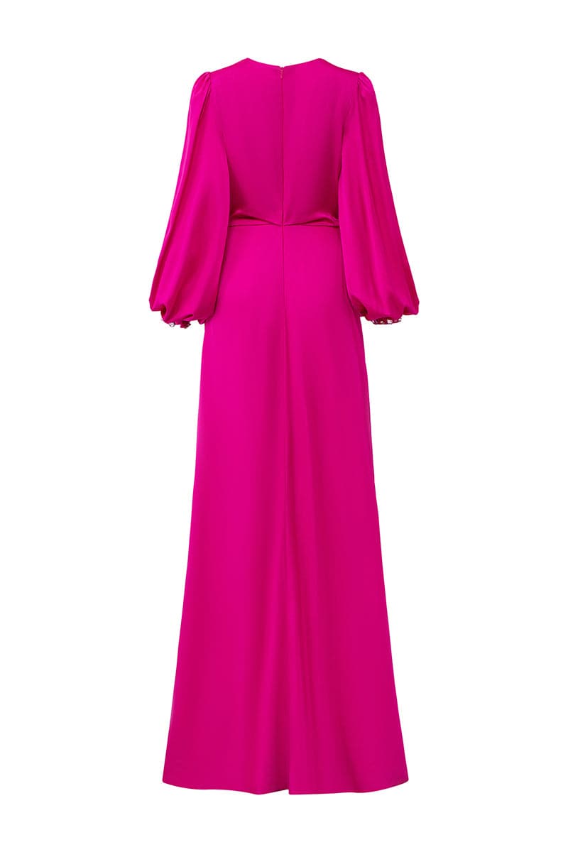 Pink I.H.F wrapped gown with waist draped detail, showing elegant fabric and flattering silhouette.