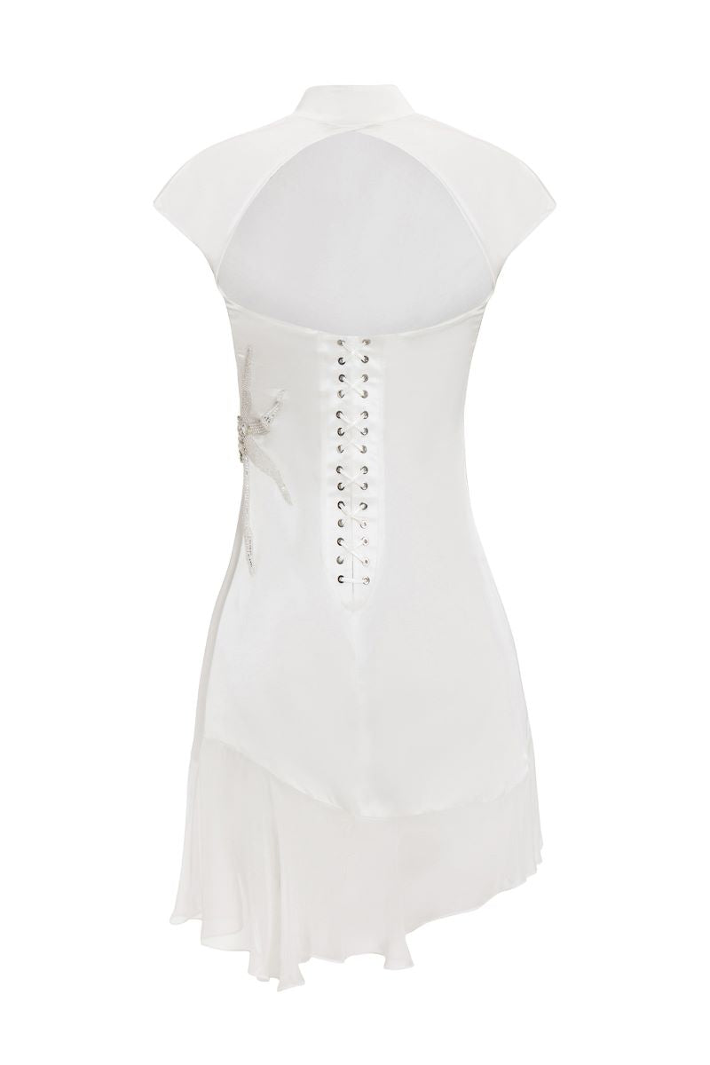 White mini dress from IKINITA's THE SUNDRESS collection, featuring a stylish and lightweight design perfect for summer.