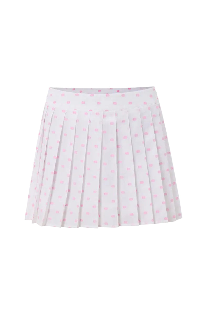 Pink polka dot mini skirt from IKINITA featuring a playful candy-inspired design on a white background.