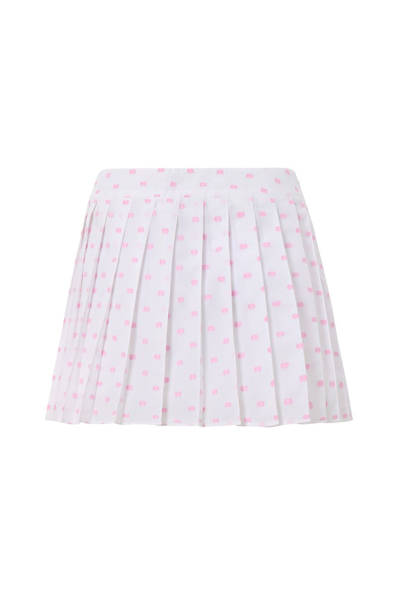 Pink polka dot mini skirt from IKINITA featuring a playful, stylish design on a white background.