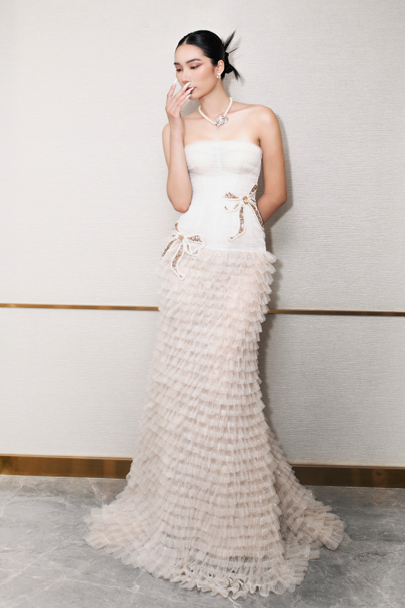 IVORY BOW TIE BEADED GOWN - CULT MIA