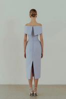 Pastel violet off-shoulder pencil midi dress by HACCHIC COUTURE, featuring a fitted silhouette and elegant design.