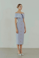 Pastel violet off-shoulder pencil midi dress by HACCHIC COUTURE, featuring a fitted silhouette and elegant design.